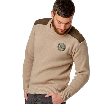 Pull col rond chasse homme jersey 30% laine beige M Bartavel P60 patch sanglier